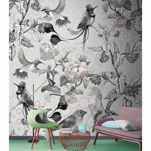 Image Photo Wallpaper Non-Woven Exotic Birds cream grey