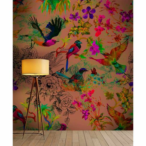 Picture Photo Wallpaper Non-Woven Birds Flowers Neon orange