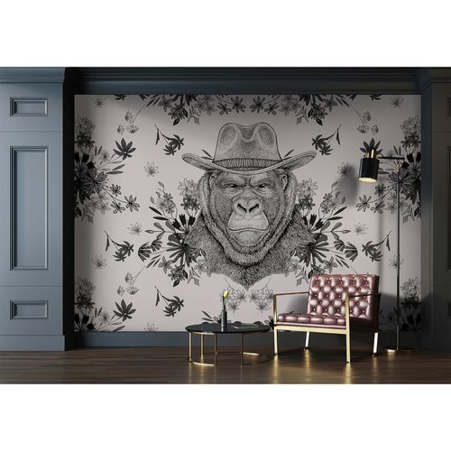 Image Photo Wallpaper Non-Woven Monkey Hat Flowers grey black
