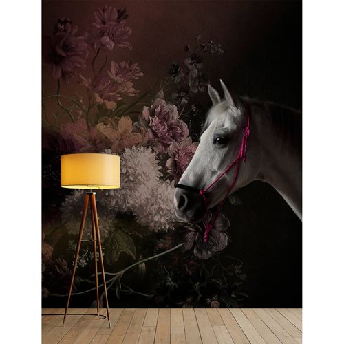 Image Photo Wallpaper Non-Woven Horse Flowers Bouquet white