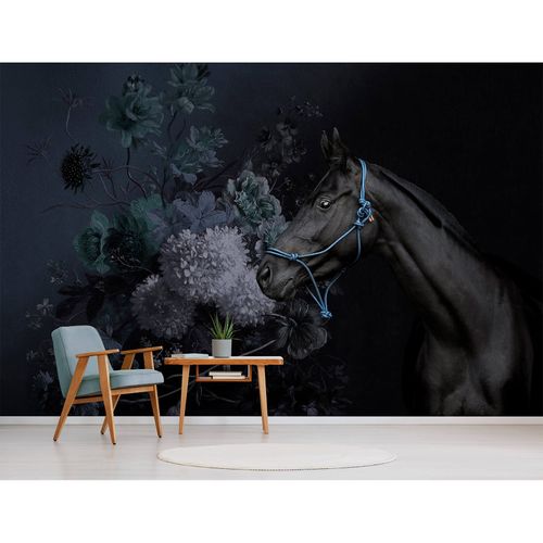 Image Photo Wallpaper Non-Woven Horse Flowers Bouquet black
