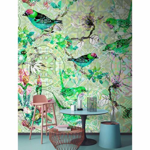Picture Photo Wallpaper Non-Woven Birds Mosaic Neon green