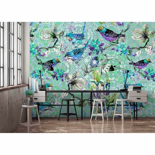 Picture Photo Wallpaper Non-Woven Birds Mosaic Neon blue