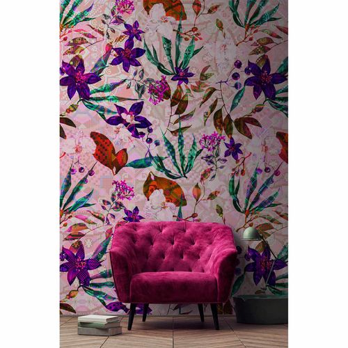 Picture Photo Wallpaper Non-Woven Flowers Mosaic Neon pink