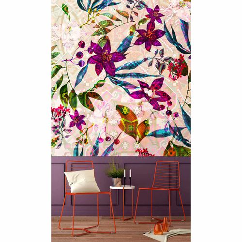 Picture Photo Wallpaper Non-Woven Flowers Mosaic Neon purple