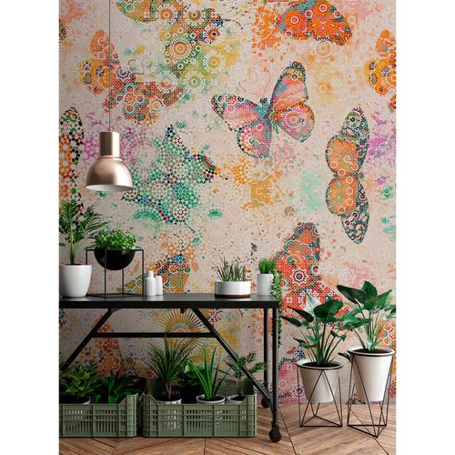 Picture Photo Wallpaper Non-Woven Butterflies Mosaic orange