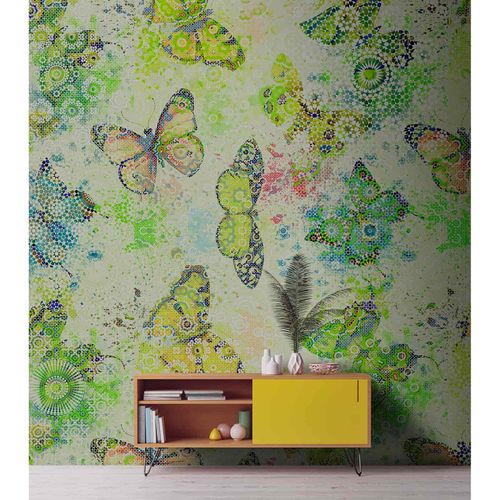 Image Photo Wallpaper Non-Woven Butterflies Mosaic green