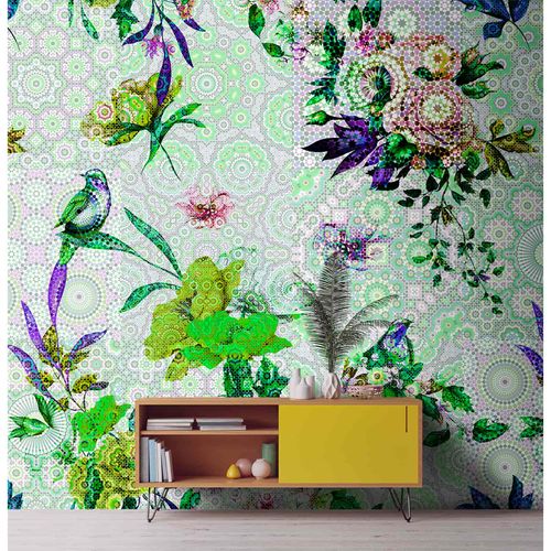 Image Photo Wallpaper Non-Woven Mosaic Birds Neon blue