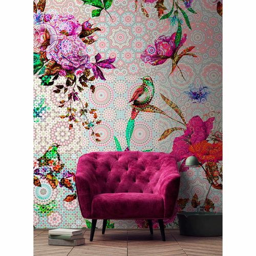 Picture Photo Wallpaper Non-Woven Mosaic Birds Neon pink