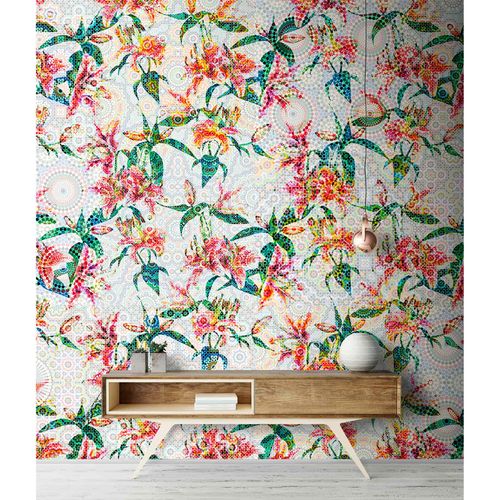 Image Photo Wallpaper Non-Woven Lilies Mosaic Neon red green