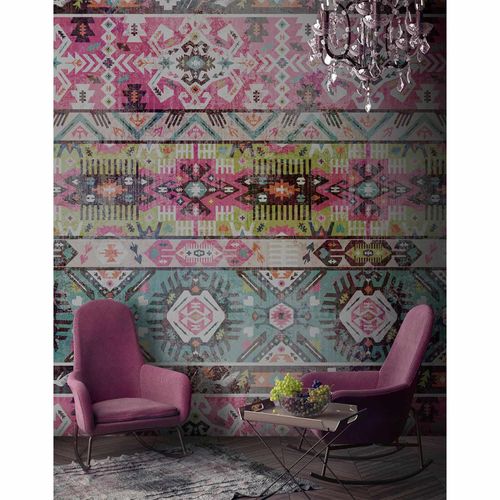 Picture Photo Wallpaper Non-Woven Navajo Pattern pink turquoise