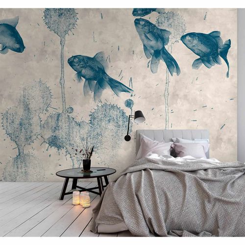 Image Photo Wallpaper Non-Woven Pond Fishes Nature beige blue