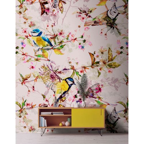 Image Photo Wallpaper Non-Woven Birds Flowers cream yellow