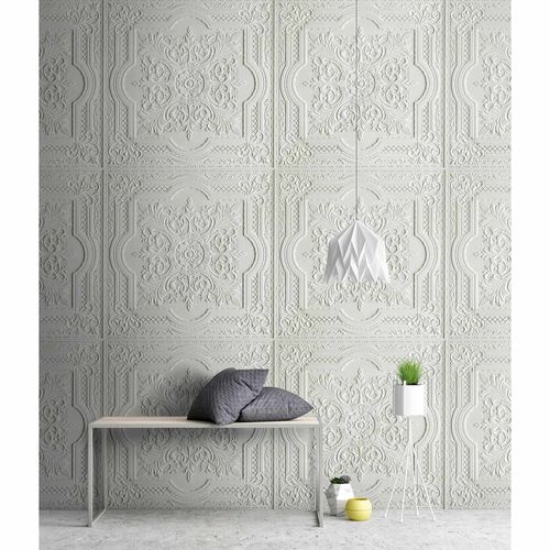 Picture Photo Wallpaper Non-Woven Stucco Ornaments grey-green