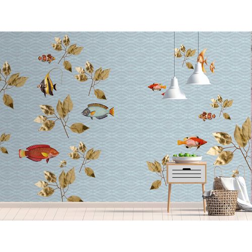 Image Photo Wallpaper Non-Woven Fishes Leaves Waves blue