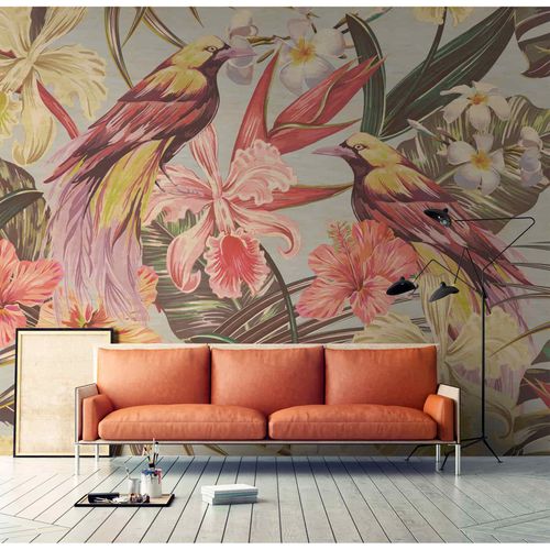 Picture Photo Wallpaper Non-Woven Birds Exotic beige pink red