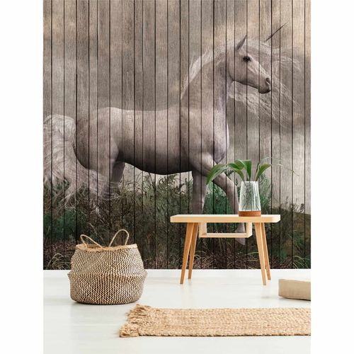 Picture Photo Wallpaper Non-Woven Unicorn Wood brown beige