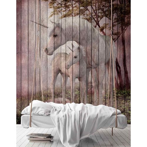 Image Photo Wallpaper Non-Woven Unicorns Wood beige pink