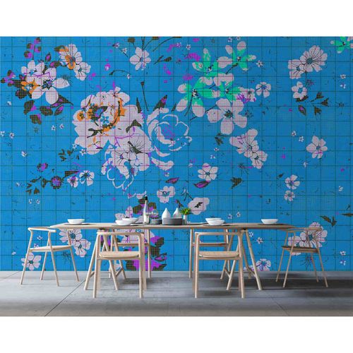 Image Photo Wallpaper Non-Woven Pop-Art Flowers Tiles blue