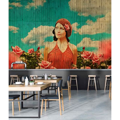 Picture Photo Wallpaper Non-Woven Women Wood Vacation red blue