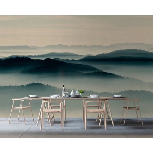 Picture Photo Wallpaper Non-Woven Trees Fog Forest beige blue