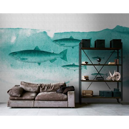 Picture Photo Wallpaper Non-Woven Fishes Sea grey green