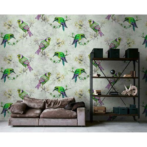 Image Photo Wallpaper Non-Woven Birds Watercolour grey green