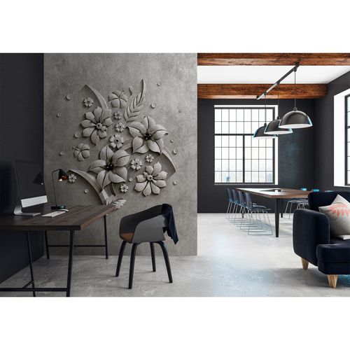 Image Photo Wallpaper Non-Woven 3D Flowers Concrete grey