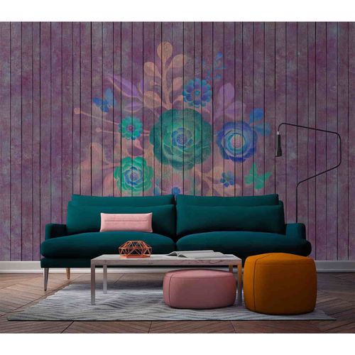 Picture Photo Wallpaper Non-Woven Vintage Flowers Wood blue green