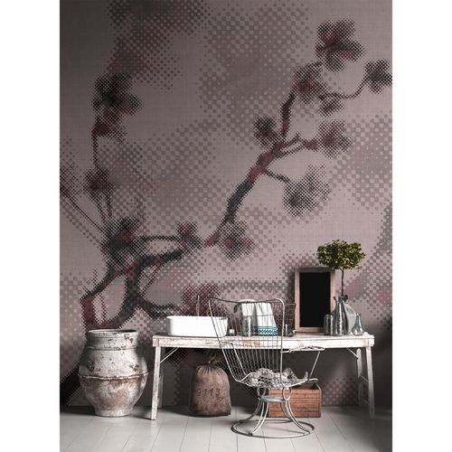 Picture Photo Wallpaper Non-Woven Branches Pixel pink grey