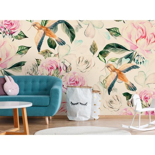 Room Image Photo Wallpaper Roses Birds Leaves beige green pink
