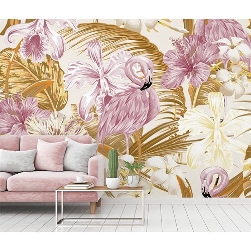 Photo Wallpaper Tropical Flamingo Flowers pink yellow