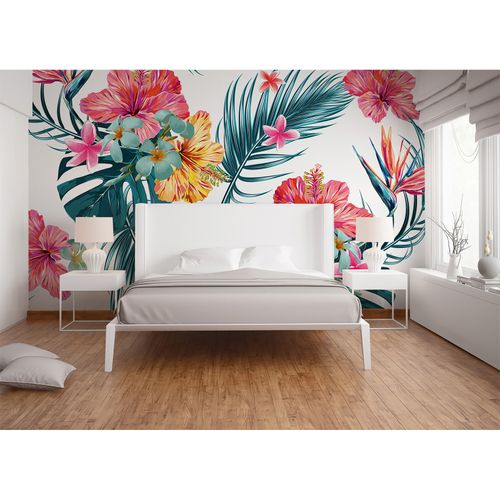 Room Image Photo Wallpaper Flowers Leaves Tropical white pink