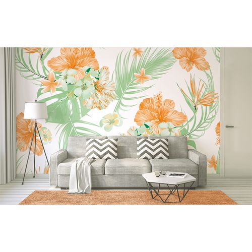 Room Image Photo Wallpaper Flowers Leaves Tropical white green