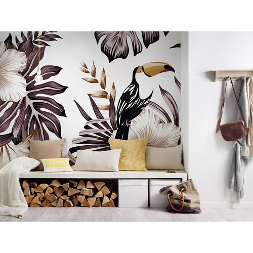 Room Image Photo Wallpaper Toucan Flowers Leaves brown cream white