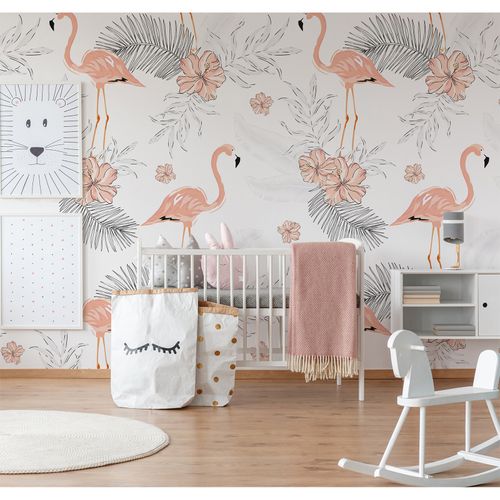 Room Image Photo Wallpaper Flamingos Leaves apricot white