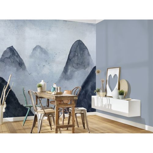 Room Image Photo Wallpaper Mountains Birds Fog grey black
