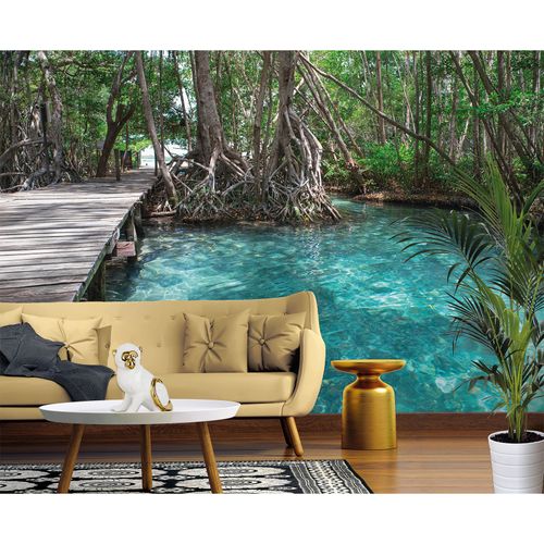 Room Image Photo Wallpaper Jungle Pier Water blue brown green