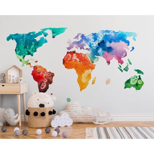Room Image Photo Wallpaper World Map Aquarell white colourful