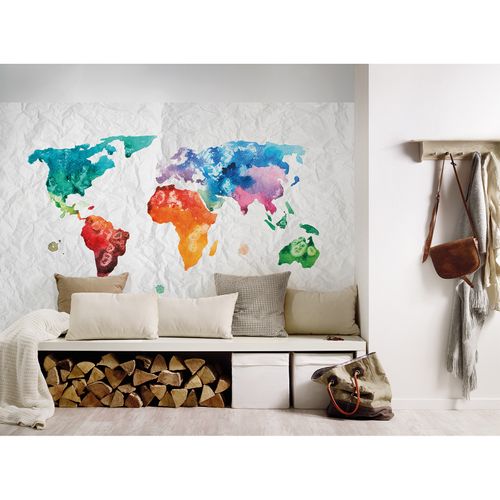 Room Image Photo Wallpaper Paper World Map Aquarell white colourful