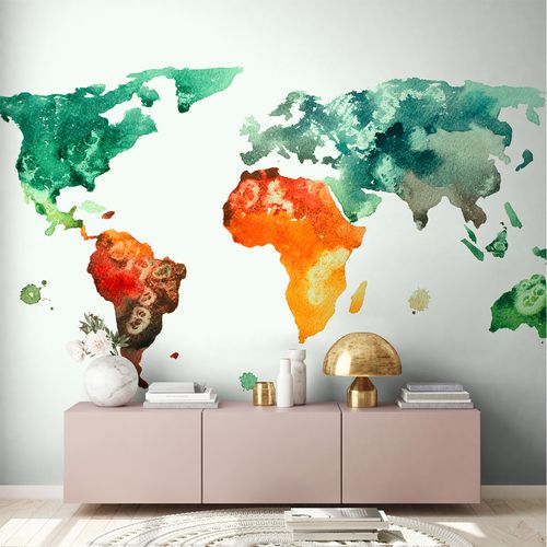 Room Image Photo Wallpaper World Map Aquarell white green orange