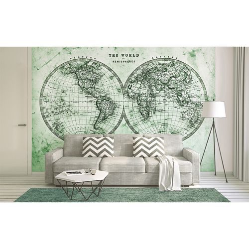 Room Image Photo Wallpaper World Map Retro green grey Designwalls