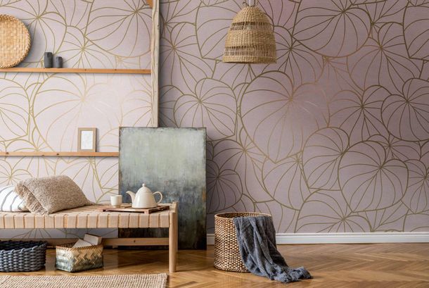 Illustration Photo Wallpaper Leaves Graphic Floral pink gold 38280-1