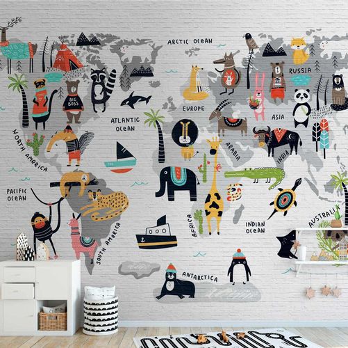 Picture Photo Wallpaper World Map Animals grey colourful 38297-1