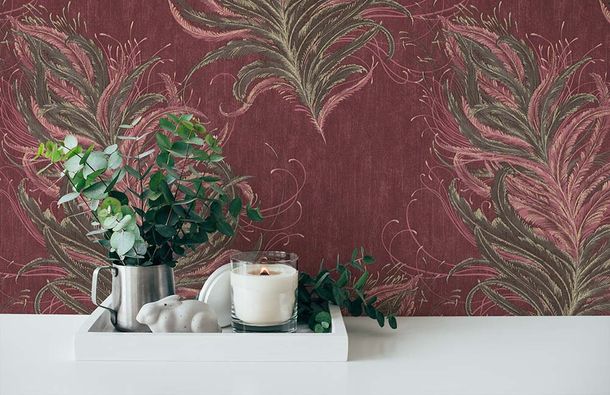 Image Non-Woven Wallpaper Feathers Nature red brown 38009-3