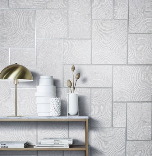 Picture Non-Woven Wallpapern Tiles Wood grey-white silver 85746
