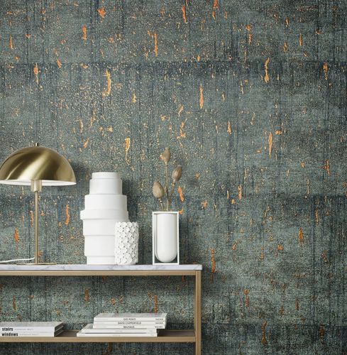 Photo Non-Woven Wallpapern Cork Patina anthracite copper 85751