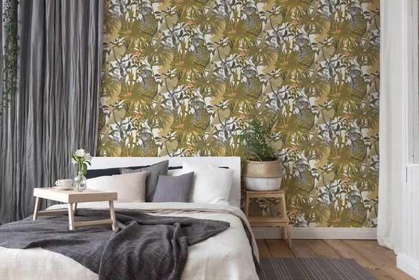 Picture Non-Woven Wallpaper Leaves Jungle green grey 38522-4
