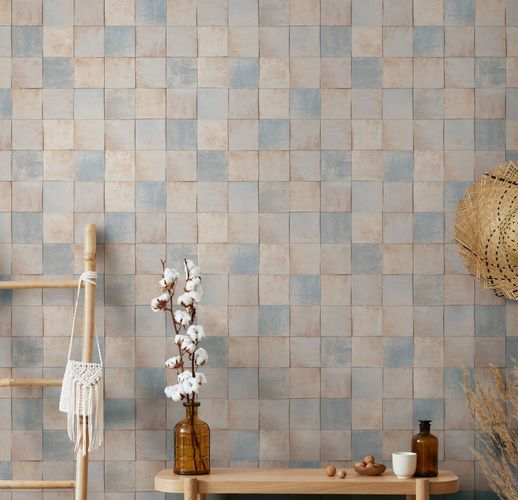Picture Non-Woven Wallpaper Tiles greige blue Marburg 45710