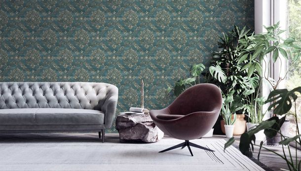 Non-Woven Wallpaper Baroque Design petrol gold 38707-3